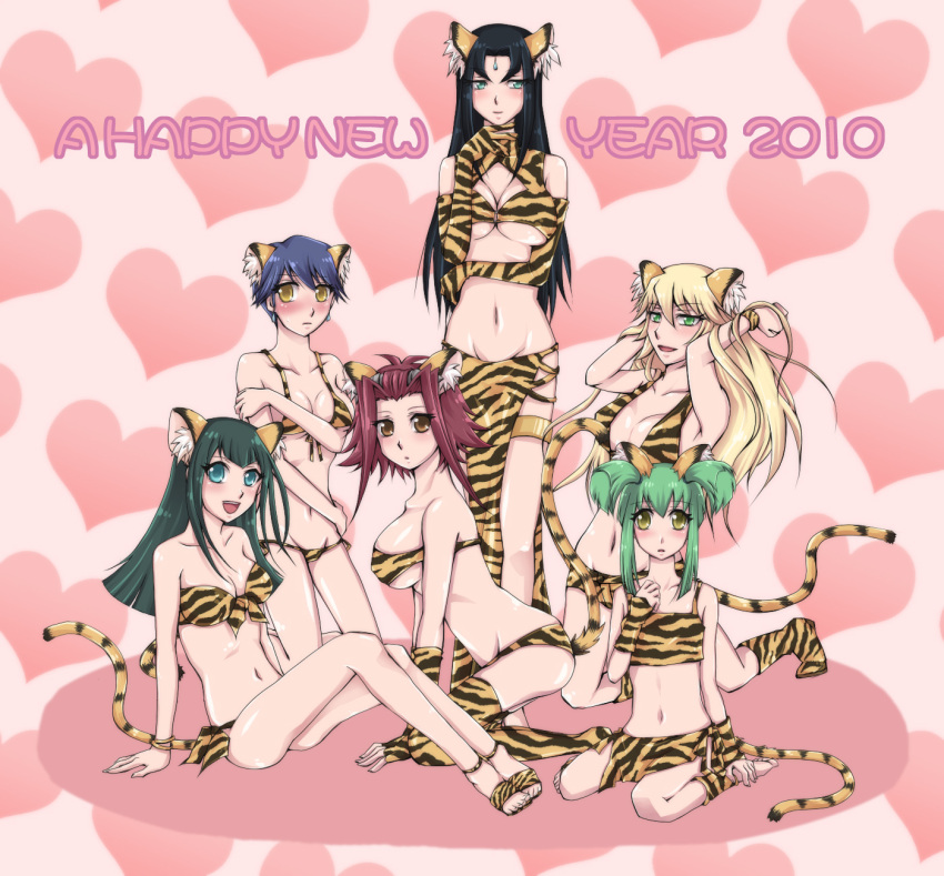 2010 6+girls animal_ears animal_print aqua_eyes armpits bare_legs barefoot bikini black_hair blonde_hair blue_hair breasts brown_eyes carly_nagisa chinese_zodiac cleavage flat_chest forehead_jewel green_hair happy_new_year heart highres izayoi_aki large_breasts long_hair luca_(yu-gi-oh!) medium_breasts midriff misty_lola mugicha_(sukimachaya) multiple_girls navel parted_bangs parted_lips print_bikini red_hair sagiri_mikage sherry_leblanc short_hair sideboob smile swimsuit tail tiger_ears tiger_print tiger_tail twintails year_of_the_tiger yellow_eyes yu-gi-oh! yu-gi-oh!_5d's