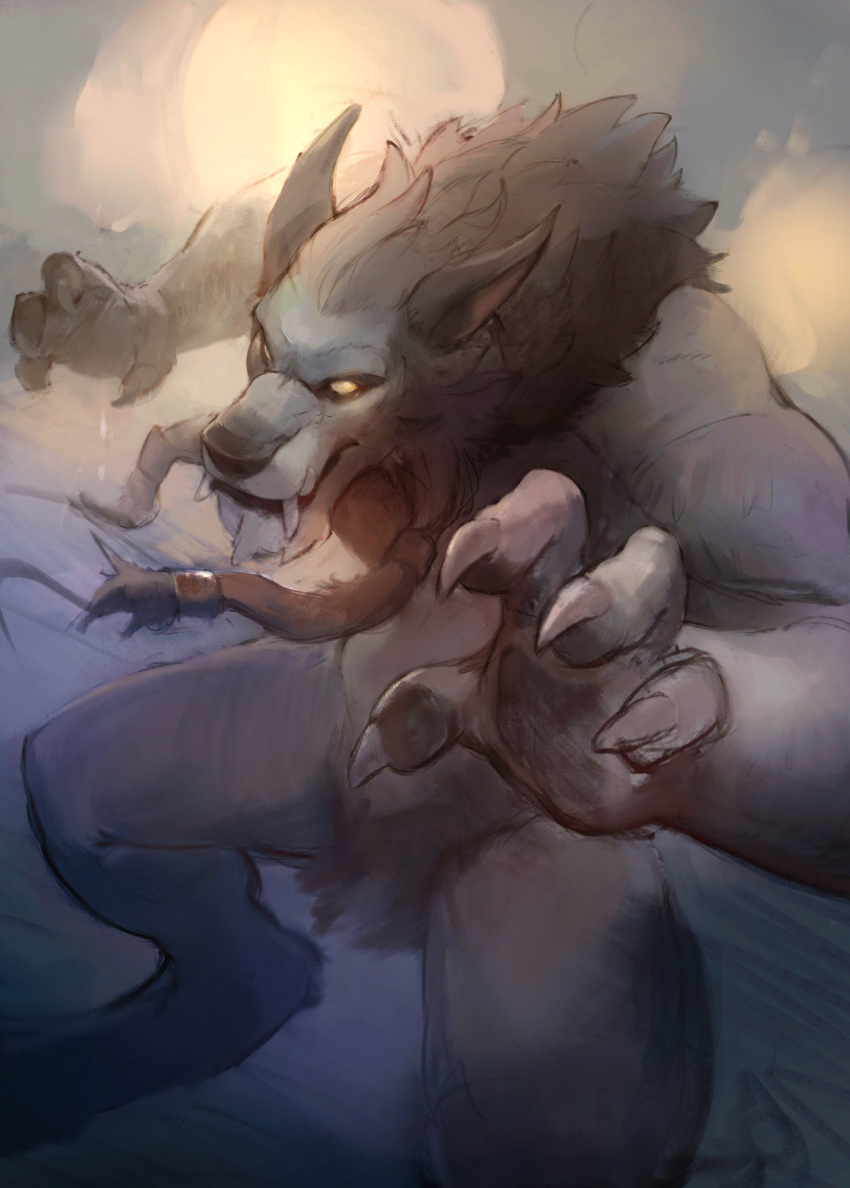 4_fingers absurd_res action_pose anthro beard blizzard_entertainment braided_beard canid claws digitigrade facial_hair fangs fangs_bared finger_claws fingers fur grey_body grey_fur hi_res large_fangs male mammal muscular muscular_anthro muscular_male neck_tuft notsophatmatt pose simple_background snout solo standing teeth tuft warcraft were werecanid white_body white_fur worgen yellow_eyes yellow_sclera