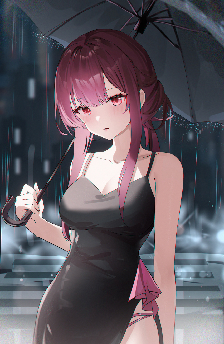 absurdres alternate_costume bare_shoulders black_dress black_umbrella blurry blurry_background breasts cleavage collarbone commentary cowboy_shot dress female highres holding holding_umbrella honkai:_star_rail honkai_(series) kafka_(honkai:_star_rail) large_breasts light_blush long_hair looking_at_viewer night night_sky outdoors parted_lips purple_eyes purple_hair rain side_slit sidelocks sky solo standing umbrella usagi_(786113654)