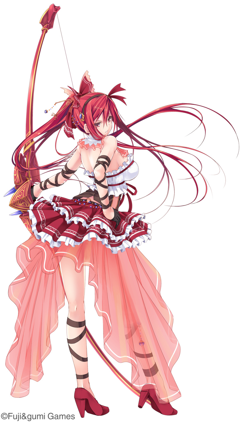 black_gloves bow_(weapon) brown_hairband dare_ga_tame_no_alchemist female floating_hair full_body gloves hair_ornament hairband hand_on_own_hip high_heels highres holding holding_bow_(weapon) holding_weapon long_hair looking_at_viewer looking_back official_art parted_lips phantom_of_the_kill red_eyes red_footwear red_hair red_ribbon red_skirt ribbon second-party_source shekinah_(phantom_of_the_kill) simple_background skirt solo transparent_background weapon