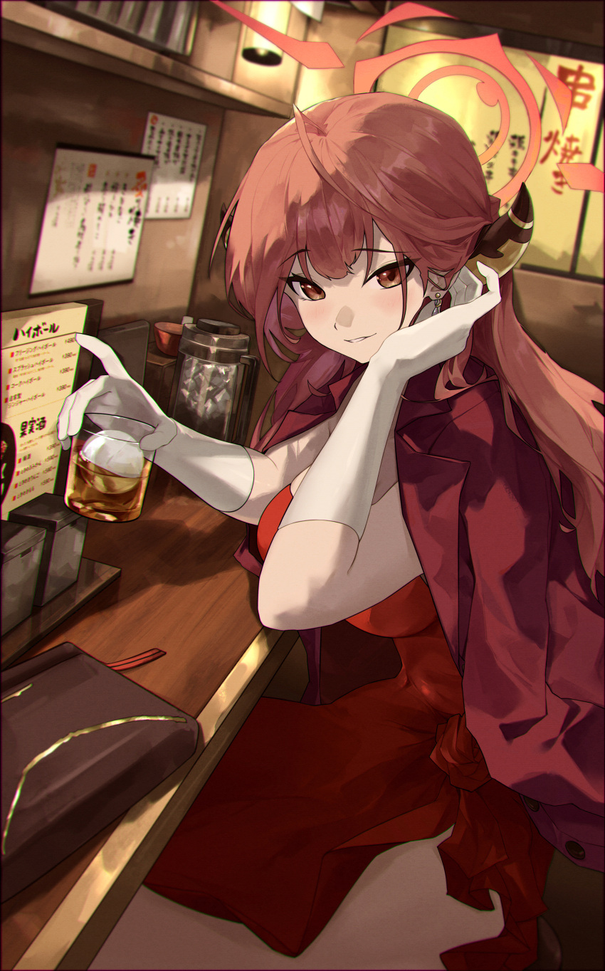 absurdres adjusting_hair aru_(blue_archive) aru_(dress)_(blue_archive) blue_archive blurry breasts brown_horns chinese_commentary commentary_request cup depth_of_field dress earrings female gloves halo highres holding holding_cup horns indoors izakaya jacket jacket_on_shoulders jewelry large_breasts long_hair looking_at_viewer official_alternate_costume parted_lips pink_eyes pink_hair pink_halo red_dress red_jacket sitting smile solo white_gloves wuhumihu