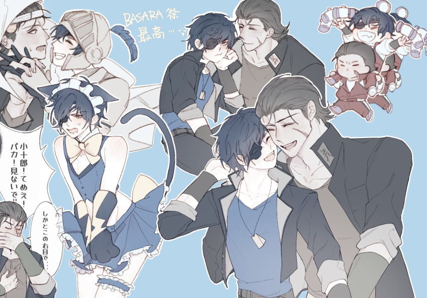 2boys :d ^_^ animal_ears armor belt black_jacket blue_background blue_hair blue_shirt blue_skirt blush bow bowtie bridal_garter brown_hair brown_shirt cat_boy cat_ears cat_tail chibi chibi_inset closed_eyes couple crossdressing date_masamune_(sengoku_basara) dog_tags eyepatch frilled_hairband frills gakuen_basara gakuran grin hair_slicked_back hairband helm helmet highres hikatwinkle holding_hands interlocked_fingers jacket katakura_kojuurou_(sengoku_basara) male_focus multiple_boys multiple_views oerba_yun_fang pout scar scar_on_cheek scar_on_face school_uniform sengoku_basara shirt short_hair skirt skirt_tug smile sweatdrop tail teeth translation_request upper_teeth_only yaoi yellow_bow yellow_bowtie yellow_eyes