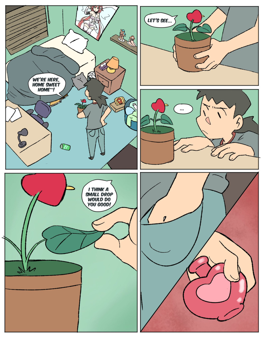 1boy asskoh bed bedroom brown_hair comic comic_page dialogue english_text figurine flower male male_only plant plant_pot pot potion potted_plant solo solo_male text