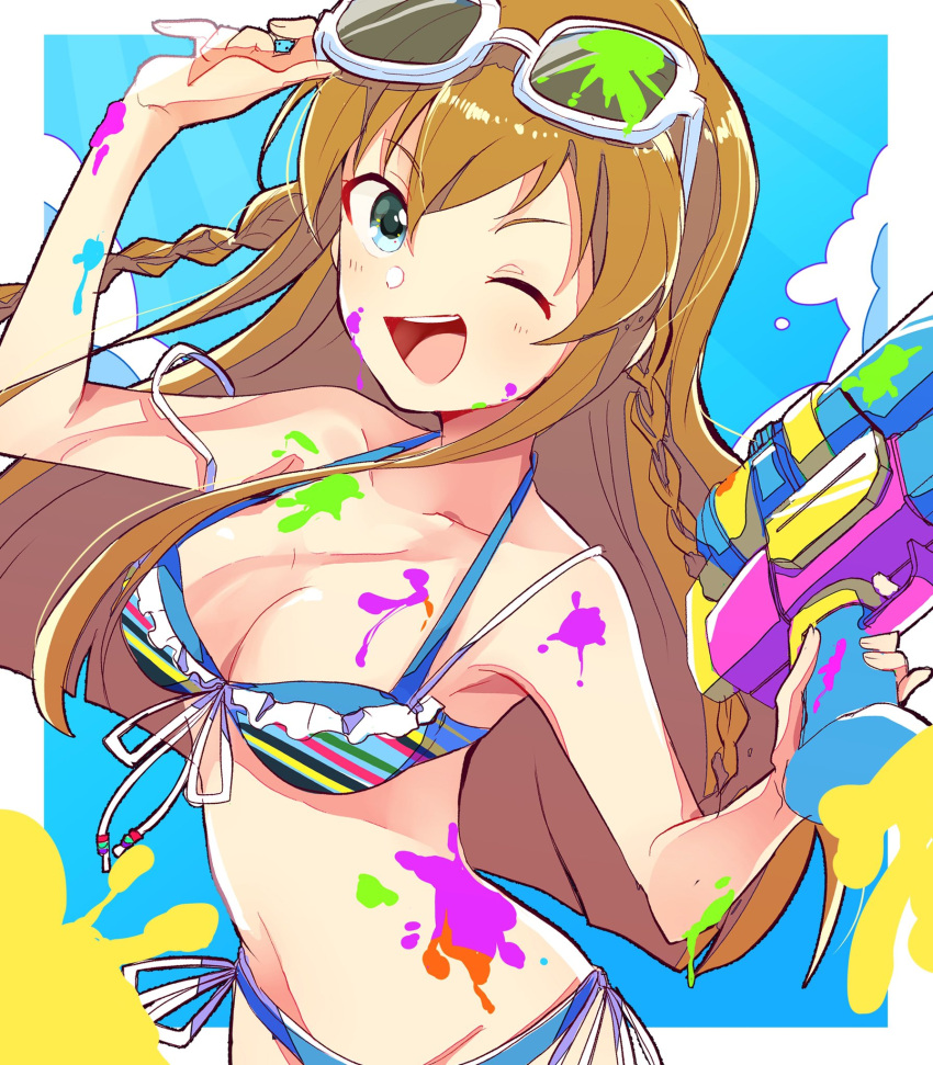 adjusting_eyewear arm_up bare_shoulders bikini blue_eyes blue_sky blush border braid breasts brown_hair chobota cleavage collarbone cowboy_shot day eyewear_on_head female frilled_bikini frills front-tie_bikini_top front-tie_top halterneck hand_up highres holding holding_water_gun idolmaster idolmaster_million_live! idolmaster_million_live!_theater_days kousaka_umi long_hair looking_at_viewer medium_breasts mismatched_bikini navel one_eye_closed open_mouth outside_border paint_on_body paint_splatter paint_splatter_on_face side-tie_bikini_bottom sky smile solo standing strap_slip striped_bikini striped_clothes sunglasses swimsuit twin_braids upper_body v-shaped_eyebrows water_gun white-framed_eyewear white_border