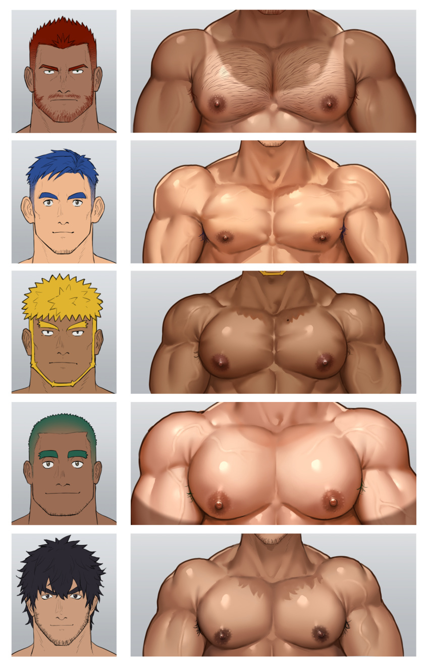 5boys absurdres armpit_hair armpit_hair_peek bara beard beard_stubble black_hair blonde_hair blue_hair buzz_cut chart chest_hair commentary_request dark-skinned_male dark_skin facial_hair gorou_naoki green_hair grey_background highres large_pectorals looking_at_viewer male_focus manboobs mature_male multiple_boys muscular muscular_male mustache_stubble nipples original paid_reward_available pectoral_focus pectorals portrait red_hair short_hair stubble tan tanlines thick_eyebrows undercut veins veiny_arms very_short_hair