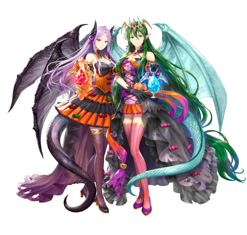 2girls absurdres asatani_tomoyo black_dress black_footwear black_gloves breasts cleavage corset dragon_girl dragon_horns dragon_tail dragon_wings dragonstone dress fire_emblem fire_emblem:_new_mystery_of_the_emblem fire_emblem:_shadow_dragon fire_emblem:_the_binding_blade fire_emblem_heroes gloves green_eyes green_hair heterochromia high_heels highres horns idunn_(fire_emblem) idunn_(halloween)_(fire_emblem) lantern long_hair looking_at_viewer medium_breasts multiple_girls nagi_(fire_emblem) nagi_(halloween)_(fire_emblem) official_alternate_costume official_art orange_corset pointy_ears purple_footwear purple_hair red_eyes scale_print simple_background smile strapless strapless_dress striped_clothes striped_thighhighs tachi-e tail thighhighs vertical-striped_clothes vertical-striped_thighhighs very_long_hair wings