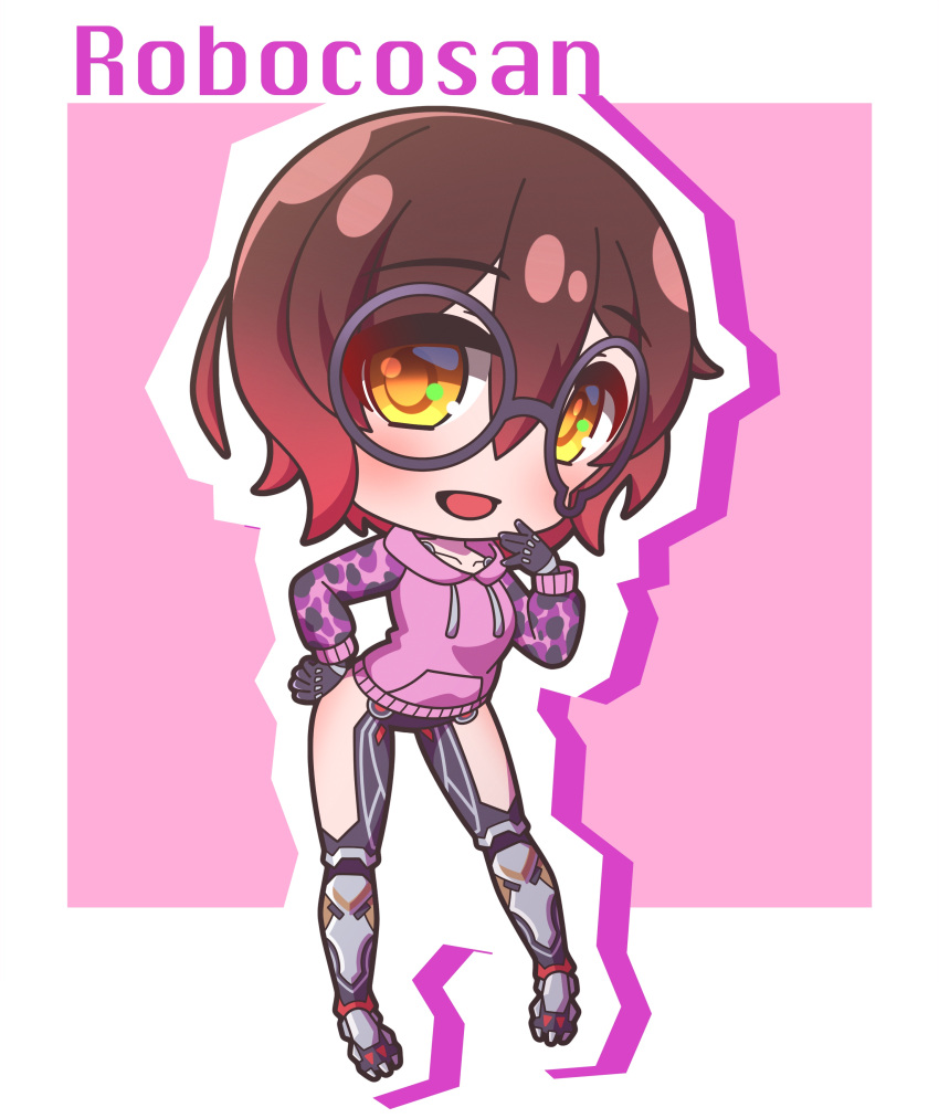 :d absurdres black_gloves brown_eyes brown_hair character_name chibi collarbone commentary drawstring female full_body glasses gloves hair_between_eyes hand_on_own_hip highres hololive hood hood_down hoodie long_sleeves looking_at_viewer outline pink_background pink_hoodie puffy_long_sleeves puffy_sleeves roboco-san roboco-san_(hoodie) round_eyewear saishosaisekojo smile solo standing teardrop-framed_glasses virtual_youtuber white_outline