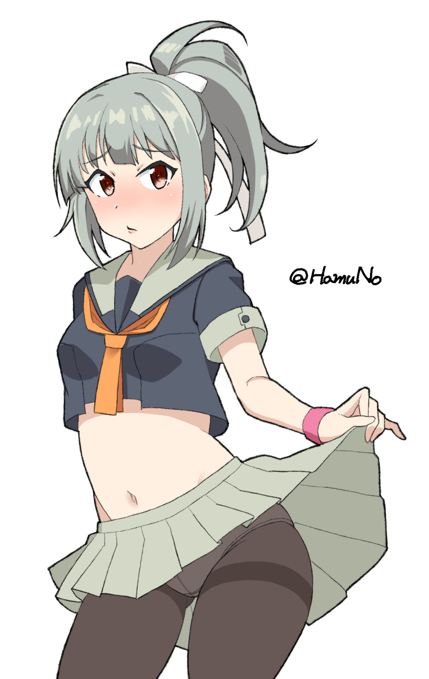 black_pantyhose breasts brown_eyes clothes_lift contrapposto cowboy_shot female grey_hair grey_shirt grey_skirt hamuno highres kantai_collection long_hair midriff neckerchief one-hour_drawing_challenge orange_neckerchief panties panties_under_pantyhose pantyhose pink_wristband ponytail shirt simple_background skirt skirt_lift small_breasts solo thighband_pantyhose twitter_username underwear yuubari_(kancolle) yuubari_kai_ni_(kancolle)