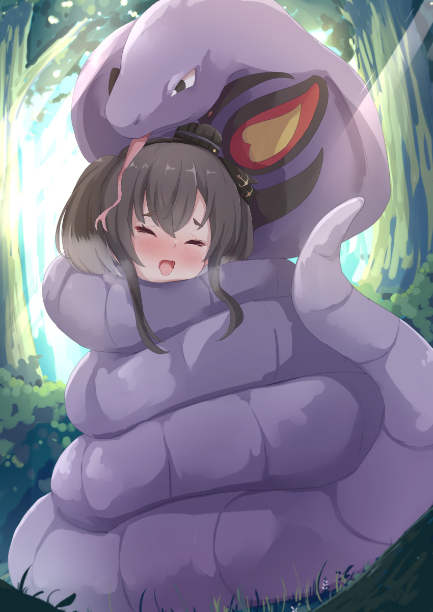 absurdres anchor_symbol arbok black_eyes black_hair blush closed_eyes commentary_request commission crossover female forest forked_tongue grass grey_hair hair_between_eyes highres kantai_collection nature nose_blush nyxerebos open_mouth outdoors pokemon pokemon_(creature) saliva short_hair_with_long_locks skeb_commission tokitsukaze_(kancolle) tongue tree