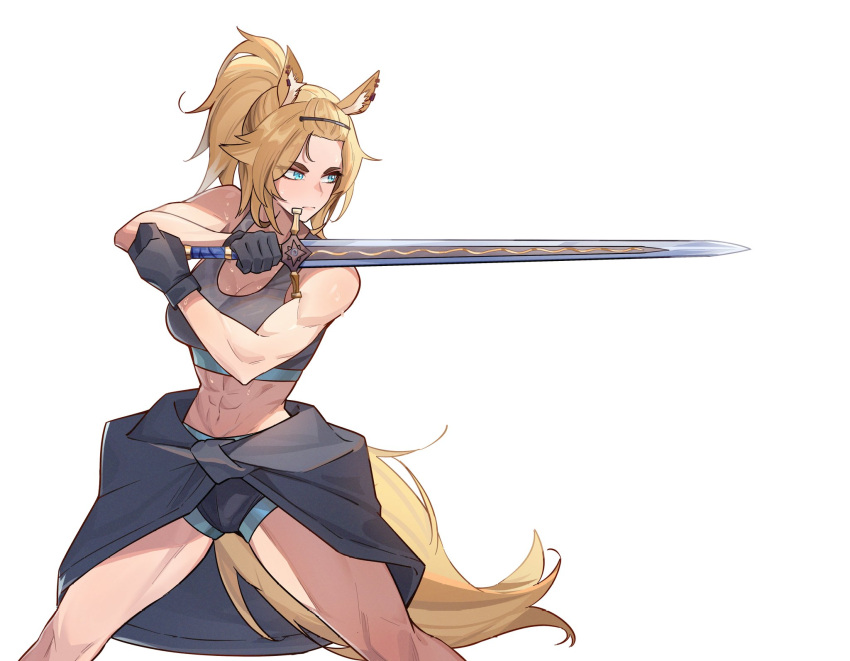 abs animal_ears bare_legs bare_shoulders black_gloves blonde_hair blue_eyes female gloves highres holding holding_sword holding_weapon long_hair muscular muscular_female nokaa_aru original ponytail second-party_source simple_background solo sword two-handed_sword weapon white_background