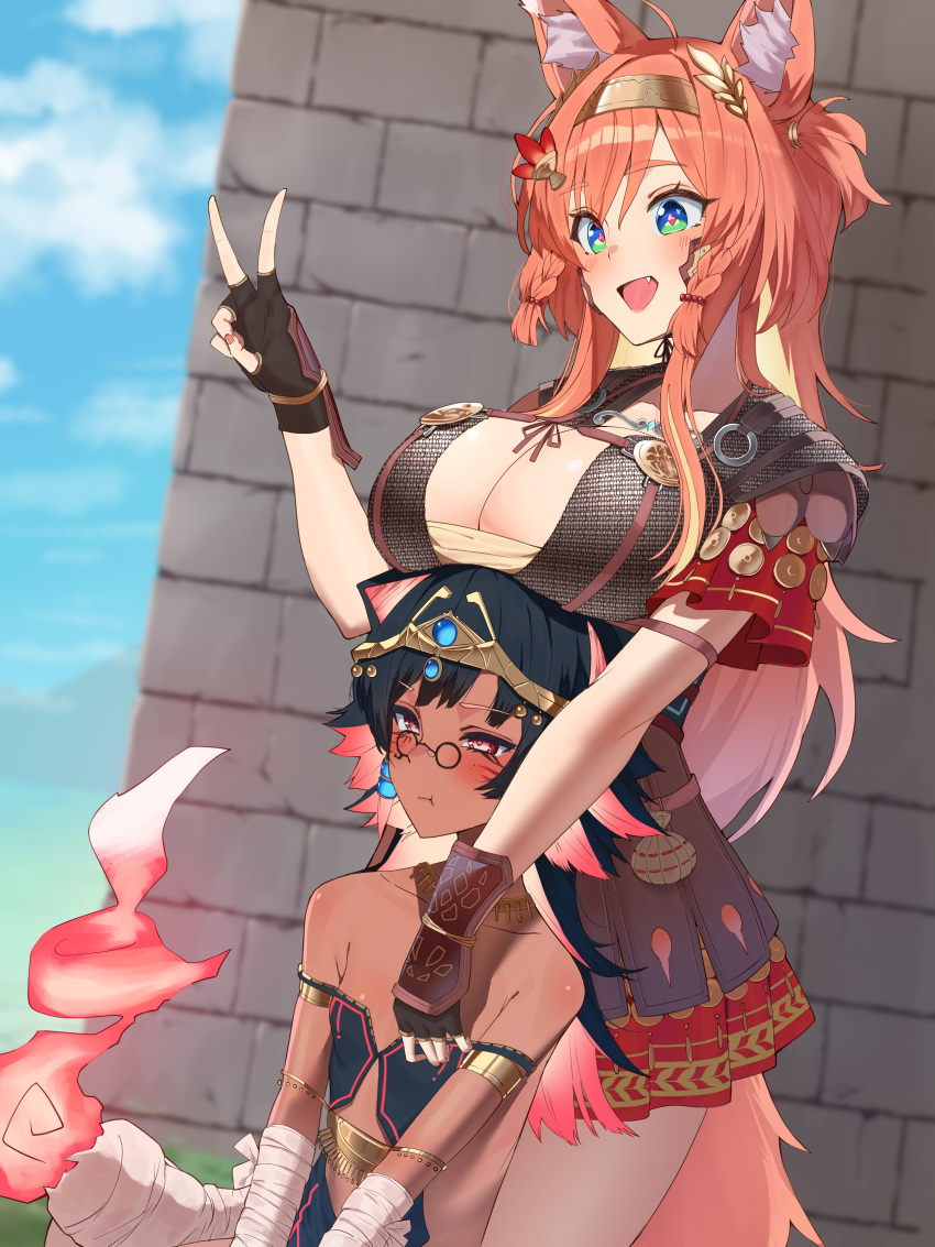 2girls :t absurdres ahoge animal_ear_fluff animal_ears armor bare_shoulders black_gloves black_hair blue_eyes breast_rest breasts breasts_on_head brick_wall chainmail cleavage cloud collarbone colored_inner_hair dark-skinned_female dark_skin doitsuudon fingerless_gloves flat_chest gezu_gezu gloves gold_circlet green_eyes hair_ornament highres indie_virtual_youtuber large_breasts laurel_crown long_hair mozumi_pichi mozumi_pichi_(roman) multicolored_eyes multicolored_hair multiple_girls open_mouth orange_hair pink_hair pink_pupils red_eyes red_tunic roman_armor second-party_source sky tail tunic v v-dere virtual_youtuber wolf_ears wolf_girl wolf_tail