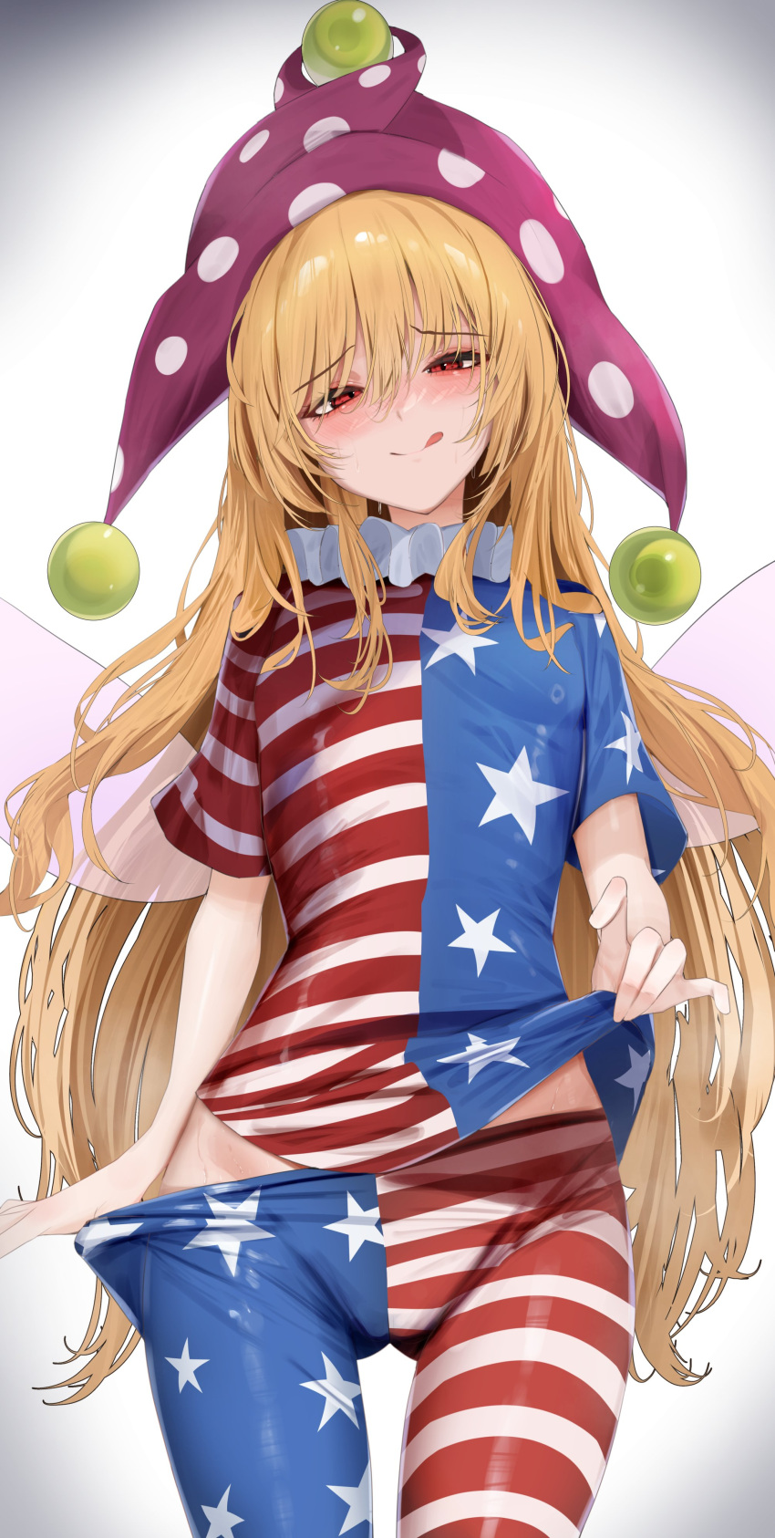 258n :q absurdres american_flag american_flag_pants american_flag_print american_flag_shirt blonde_hair blush clownpiece cowboy_shot fairy_wings female flag_print groin hat highres jester_cap long_hair looking_at_viewer pants pink_wings polka_dot_headwear print_pants print_shirt red_eyes shirt short_sleeves simple_background smile solo split-color_clothes tongue tongue_out touhou very_long_hair wings