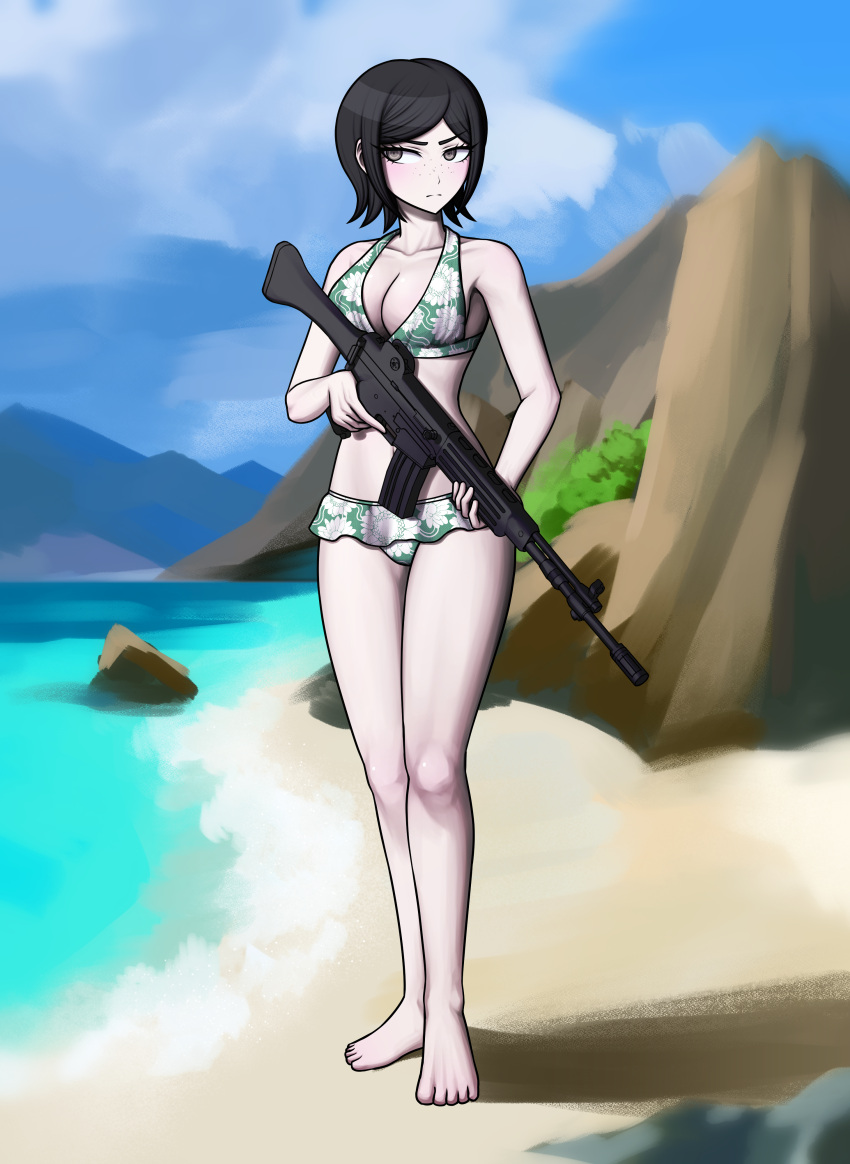 absurdres assault_rifle beach black_hair bra cloud danganronpa:_trigger_happy_havoc danganronpa_(series) female freckles fulltimeangel13 gun highres holding holding_weapon ikusaba_mukuro ocean rifle short_hair short_shorts shorts thighs underwear weapon