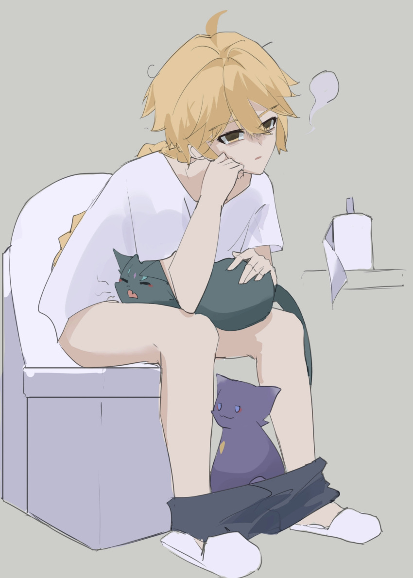 1boy absurdres aether_(genshin_impact) ahoge black_shorts blonde_hair braid clothes_pull feline genshin_impact hair_between_eyes highres long_hair male_focus on_toilet open_mouth pants pants_pull scaramouche_(cat)_(genshin_impact) scaramouche_(genshin_impact) shirt shorts shorts_pull sitting t-shirt toilet toilet_paper toilet_use white_shirt xiao_(genshin_impact) yellow_eyes yueyueyue79734