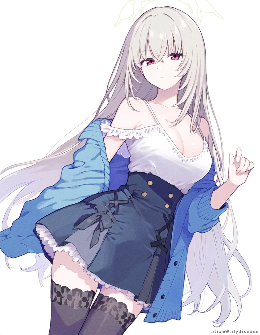 artist_name bare_shoulders black_thighhighs blue_archive blue_jacket blue_skirt breasts cleavage closed_mouth crossed_bangs female grey_hair hair_between_eyes halo highres jacket large_breasts lilium_(lilydisease) long_hair looking_at_viewer pink_eyes sakurako_(blue_archive) simple_background skirt thighhighs thighs white_background yellow_halo