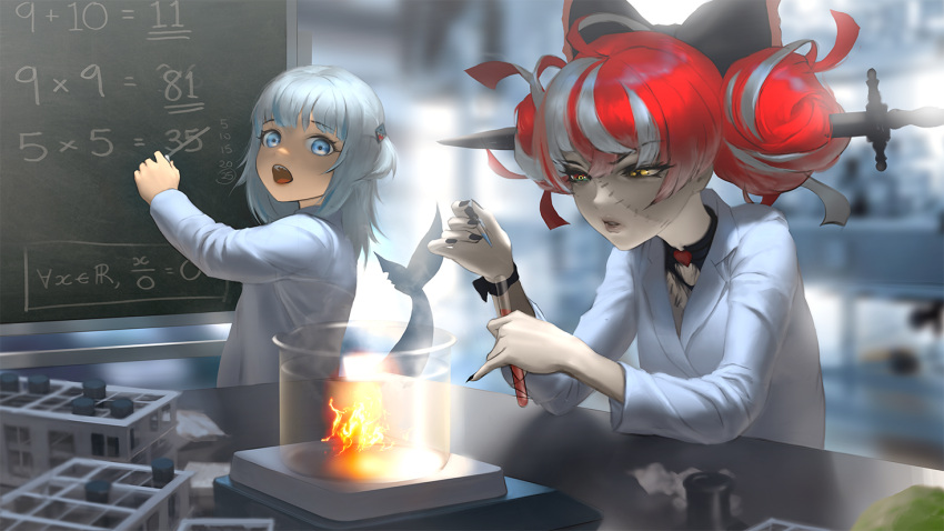 alternate_costume beaker black_bow blue_eyes blue_hair bow chalkboard chemistry colored_skin commentary_request double_bun fins fish_tail gawr_gura grey_hair hair_bun hairbow heterochromia hololive hololive_english hololive_indonesia huge_bow infi kureiji_ollie lab_coat long_hair math multicolored_hair multiple_girls open_mouth patchwork_skin pink_hair red_bow red_eyes red_hair science shark_tail stitched_face stitches tail teeth test_tube virtual_youtuber yellow_eyes zombie