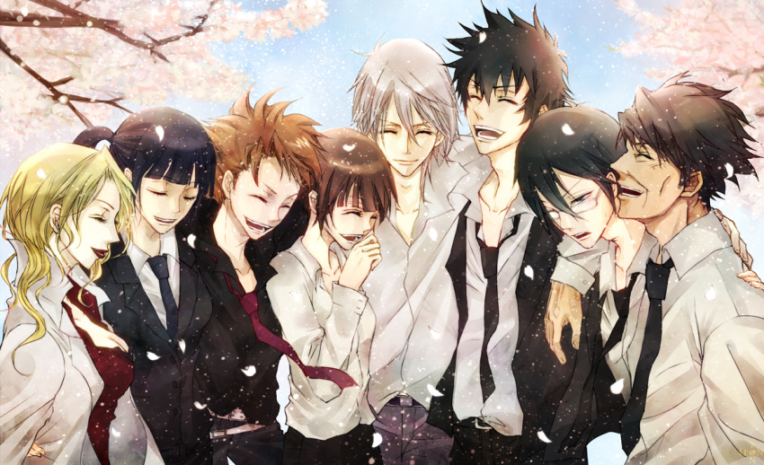 3girls 5boys black_hair blush brown_hair cherry_blossoms closed_eyes formal ginoza_nobuchika jacket kagari_shuusei karanomori_shion kougami_shin'ya kunizuka_yayoi leopon makishima_shougo masaoka_tomomi multiple_boys multiple_girls necktie open_mouth psycho-pass shirt short_hair suit tsunemori_akane