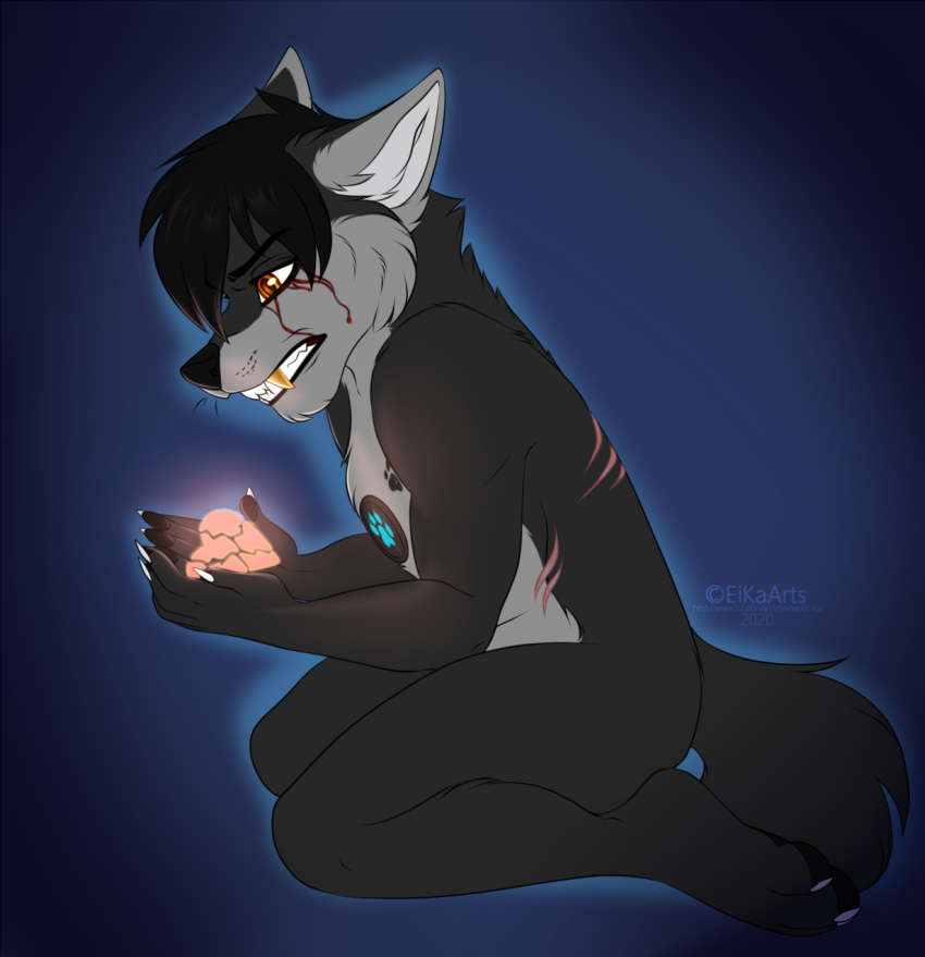 2020 5_fingers anthro black_body black_fur black_hair black_lips black_nose canid canine digital_media_(artwork) dire_wolf ei-ka extinct feet fingers fur hair hi_res kneeling lips male mammal mason orange_eyes prehistoric_species solo teeth toes