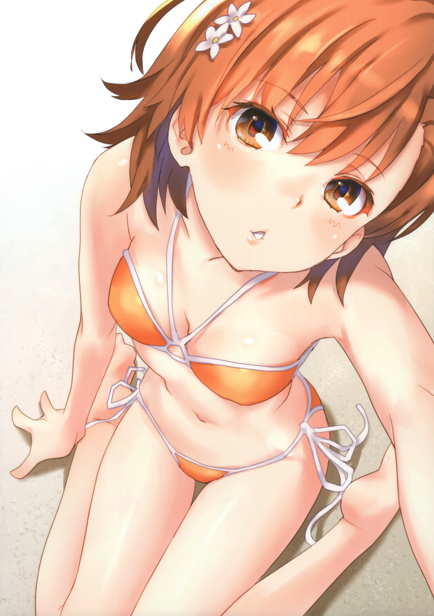 absurdres animal_ears bad_hands bare_arms bare_legs bare_shoulders barefoot bikini blush breasts brown_eyes brown_hair fake_animal_ears female flower halterneck highres lips looking_at_viewer misaka_mikoto navel non-web_source orange_bikini parted_lips photoshop_(medium) raika9 scan selfie shiny_skin side-tie_bikini_bottom simple_background sitting small_breasts solo stomach swimsuit thighs toaru_kagaku_no_railgun toaru_majutsu_no_index wariza