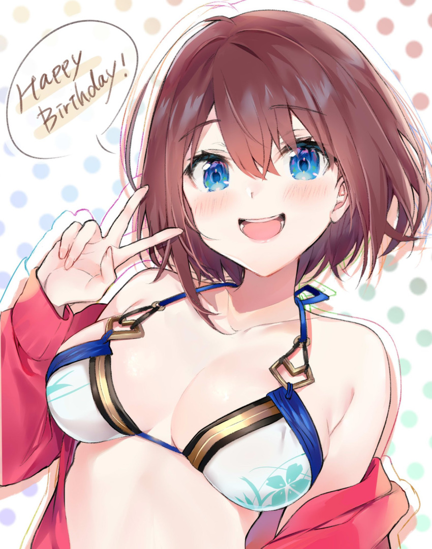 :d bare_shoulders bikini blue_eyes borrowed_character breasts brown_hair collarbone female hair_between_eyes halterneck hand_up happy_birthday highres hitoyo_(baffu) jacket looking_at_viewer medium_breasts nana_kagura off_shoulder open_clothes open_jacket open_mouth original polka_dot polka_dot_background red_jacket short_hair smile solo speech_bubble swimsuit upper_body v white_bikini