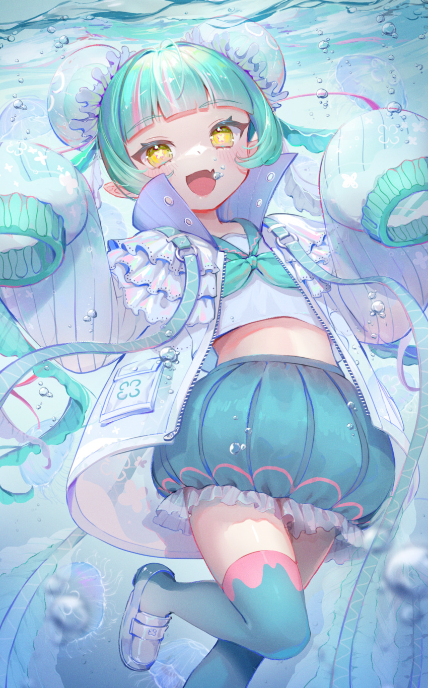 :d bad_id bad_pixiv_id blunt_bangs blush bubble_skirt bun_cover commentary_request double_bun female flower-shaped_pupils frilled_jacket frilled_skirt frills gaogao_(gaogaomegu) green_hair green_neckerchief green_sailor_collar grey_thighhighs hair_bun hands_up highres jacket jellyfish_hair_ornament loafers long_hair looking_at_viewer miniskirt multicolored_hair neckerchief oerba_yun_fang open_clothes open_jacket open_mouth original oversized_clothes pointy_ears sailor_collar sailor_shirt shirt shoes short_hair_with_long_locks skin_fang skirt sleeves_past_fingers sleeves_past_wrists smile solo streaked_hair symbol-shaped_pupils thighhighs underwater w_arms white_footwear white_jacket yellow_eyes zettai_ryouiki