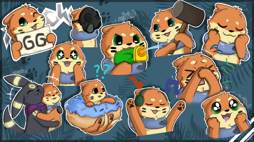 16:9 buizel dessert doughnut duo eeveelution emotes food generation_2_pokemon generation_4_pokemon hammer hi_res hug nintendo pastry pokemon pokemon_(species) resachii soggy_(soggybuizel) solo sticker tobi_(tobiumbreon) tools toy toy_gun umbreon water_gun widescreen