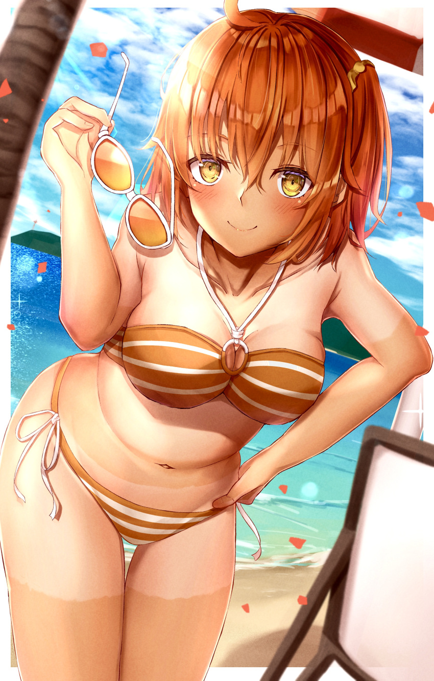 absurdres bikini breasts day fate/grand_order fate_(series) female fujimaru_ritsuka_(female) fujimaru_ritsuka_(female)_(brilliant_summer) hair_ornament hair_scrunchie highres holding holding_removed_eyewear large_breasts navel o-ring o-ring_bikini o-ring_top official_alternate_costume one_side_up orange_bikini orange_eyes orange_hair orange_scrunchie outdoors ruri_rarako scrunchie shirt_tan shorts_tan side-tie_bikini_bottom solo striped_bikini striped_clothes sunglasses swimsuit tan tanlines toukan unworn_eyewear