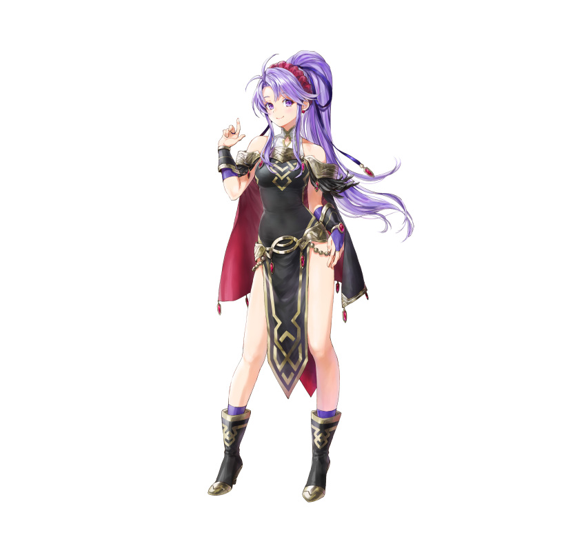 absurdres ahoge bare_shoulders belt black_cape black_dress black_feathers black_footwear blue_ribbon bridal_gauntlets cape closed_mouth commentary_request dress earrings feathers female fire_emblem fire_emblem:_genealogy_of_the_holy_war fire_emblem_heroes full_body gloves hair_ribbon hairband hand_on_own_hip high_heels high_ponytail highres index_finger_raised jewelry kaya8 long_hair looking_at_viewer multicolored_cape multicolored_clothes official_art purple_eyes purple_gloves purple_hair purple_legwear red_cape red_hairband ribbon side_slit sidelocks simple_background smile solo standing tailtiu_(fire_emblem) tailtiu_(resplendent)_(fire_emblem) turtleneck turtleneck_dress very_long_hair white_background