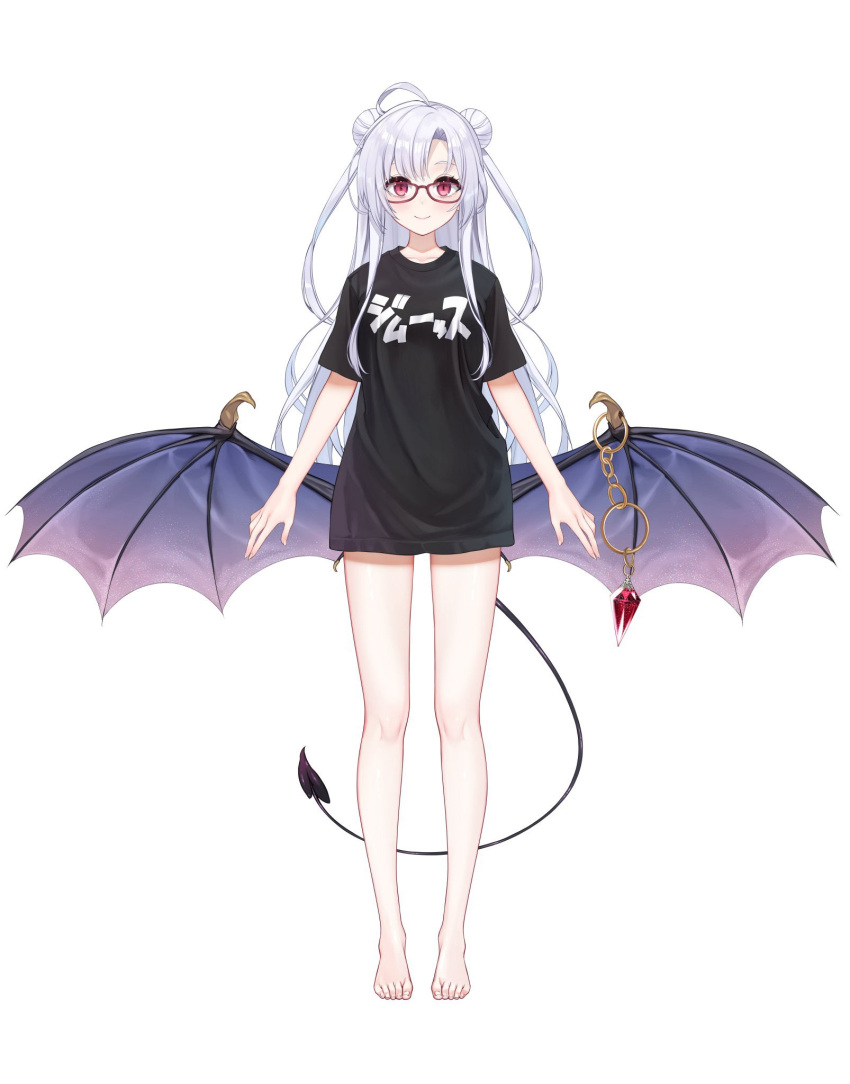 arms_at_sides barefoot bat_wings black_shirt closed_mouth copyright_request demon_tail double_bun female full_body glasses hair_bun highres long_hair looking_at_viewer low_wings pink_eyes shirt short_sleeves simple_background solo standing tail white_background white_hair wings zero_(miraichizu)