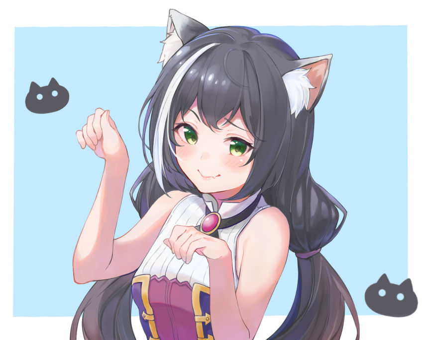 animal_ear_fluff animal_ears animal_print bare_arms bare_shoulders black_hair blue_background blush border cat_ears cat_girl cat_print closed_mouth commentary female green_eyes karyl_(princess_connect!) long_hair looking_at_viewer low_twintails multicolored_hair oerba_yun_fang outside_border paw_pose princess_connect! shimon_(31426784) simple_background sleeveless solo streaked_hair twintails two-tone_background upper_body white_border white_hair