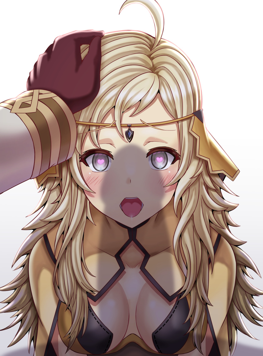 1boy 1girls absurdres ahoge bangs blonde_hair breasts circlet commission drooling female fire_emblem fire_emblem_fates fire_emblem_heroes gloves grey_eyes heart heart-shaped_pupils highres imminent_fellatio implied_fellatio kiran_(fire_emblem) kiran_(fire_emblem)_(male) long_hair looking_at_viewer male_hand medium_breasts nintendo open_mouth ophelia_(fire_emblem) penis_awe penis_shadow saikunartworks saliva straight symbol-shaped_pupils