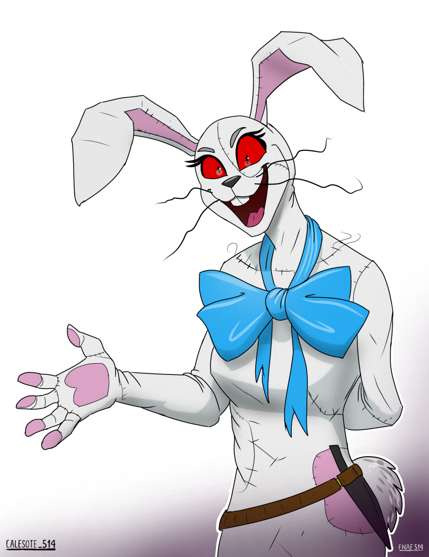 2020 5_fingers :d absurd_res anthro belt big_bow_tie big_ears big_pupils black_eyes black_nose bow_tie breasts buckteeth calesote514 dilated_pupils eyebrows eyelashes female fingers five_nights_at_freddy's five_nights_at_freddy's:_security_breach grey_eyebrows half-length_portrait hand_behind_back hi_res knife lagomorph leporid long_ears long_whiskers mammal multicolored_body open_mouth patch_(fabric) pawpads paws pink_body pink_tongue portrait pupils rabbit red_sclera scottgames scut_tail short_tail simple_background smile solo standing steel_wool_studios tail teeth tongue vanny_(fnaf) weapon whiskers white_background white_body white_tail