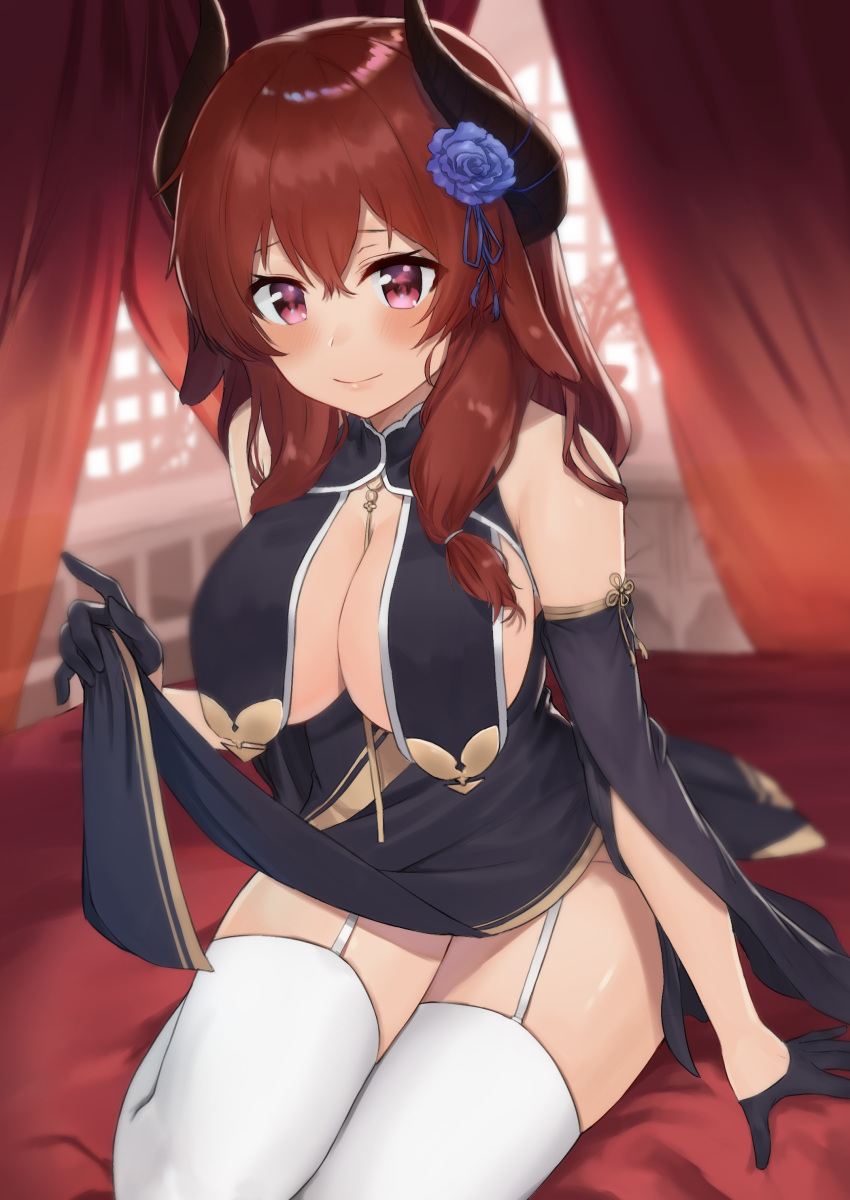 absurdres ayul_(ayulneri_92) azur_lane bare_shoulders black_dress black_gloves blue_flower blurry breast_curtains breasts china_dress chinese_clothes cleavage cosplay curtains depth_of_field detached_sleeves dress female flower garter_straps gloves goat-chan_(enarane) hair_flower hair_ornament half_gloves highres horns large_breasts long_hair looking_at_viewer original pelvic_curtain red_eyes red_hair sirius_(azur_lane) sirius_(azur_lane)_(cosplay) sirius_(azure_horizons)_(azur_lane) sitting smile solo thighhighs thighs white_thighhighs wide_sleeves