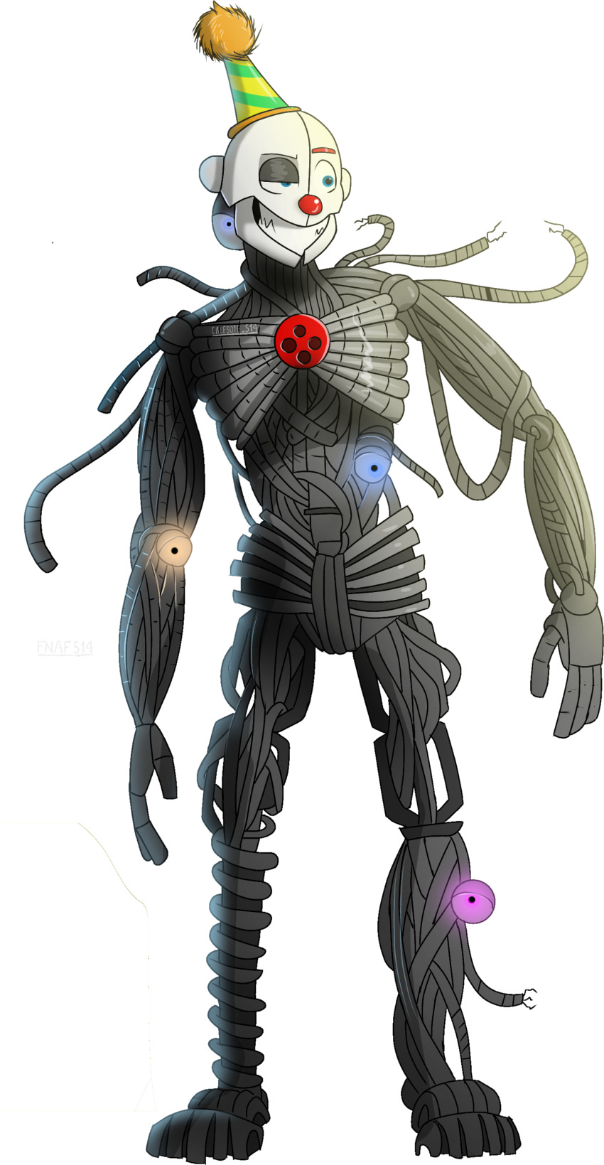 2020 absurd_res alpha_channel animatronic barefoot blue_eyes calesote514 clothing clown clown_nose ennard_(fnafsl) eyebrows feet fingers five_nights_at_freddy's glowing glowing_eyes grey_body half-closed_eyes hat headgear headwear hi_res humanoid looking_aside looking_away machine male metal metallic metallic_body narrowed_eyes not_furry orange_eyebrows orange_eyes party_hat pink_eyes red_nose robot scottgames sharp_teeth signature simple_background sister_location smile solo standing teeth transparent_background wire