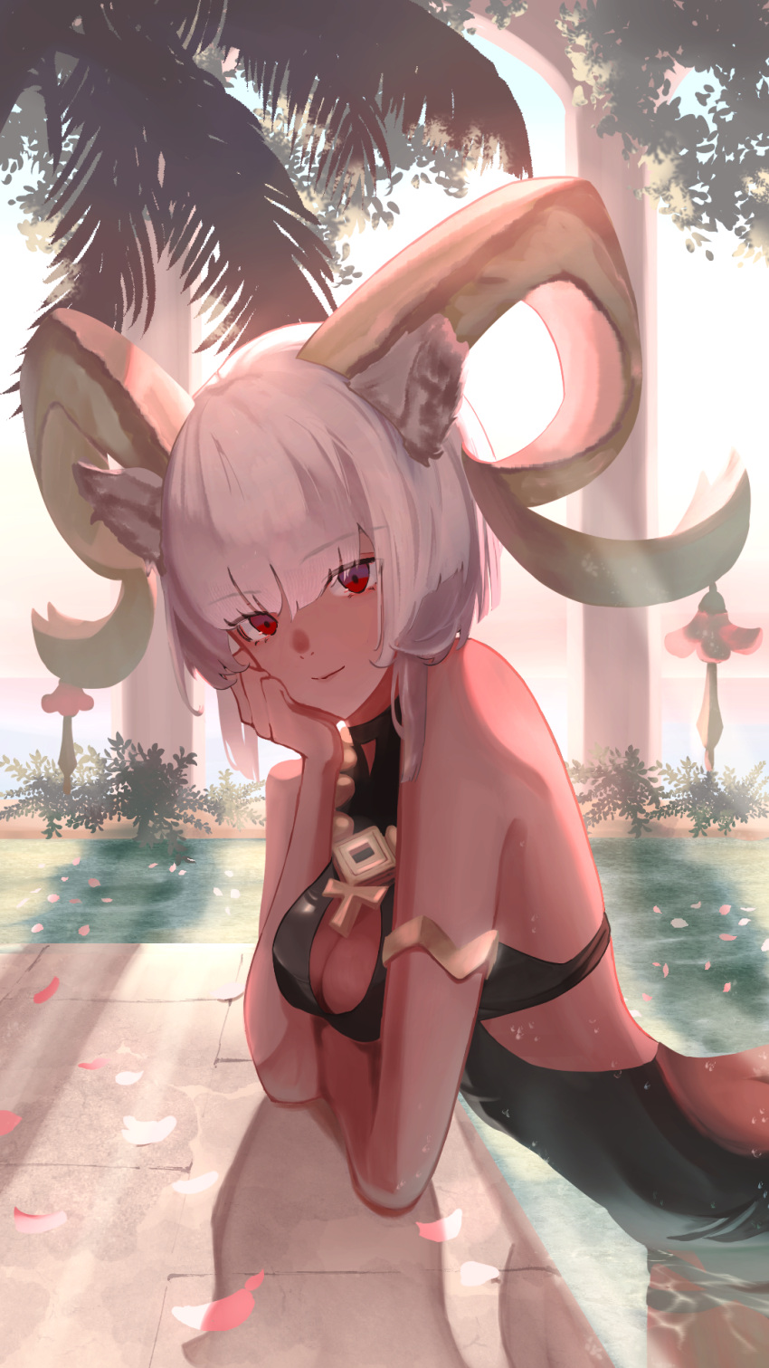 animal_ears aoi_tooru arknights arm_support backlighting bare_shoulders bathing black_one-piece_swimsuit breasts carnelian_(arknights) carnelian_(shimmering_dew)_(arknights) casual_one-piece_swimsuit cleavage closed_mouth dark-skinned_female dark_skin day female goat_ears goat_girl goat_horns grey_hair hand_on_own_cheek hand_on_own_face highres horns jewelry leaning_forward looking_at_viewer medium_breasts necklace official_alternate_costume one-piece_swimsuit partially_submerged petals red_eyes short_hair smile solo sunlight swimsuit water