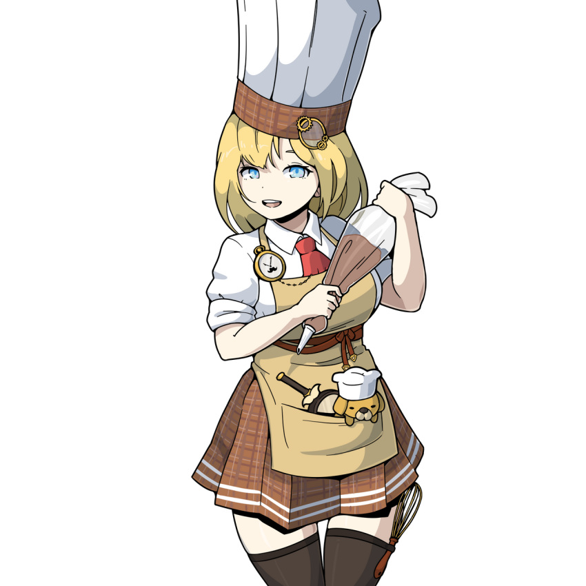 :d apron bangs black_legwear blonde_hair blue_eyes brown_skirt bubba_(watson_amelia) canine chef chef_hat detective female hair_between_eyes hair_ornament hat highres holding hololive hololive_english looking_at_viewer magnifying_glass monocle_hair_ornament morningpanda necktie open_mouth pastry_bag pocket_watch polo_shirt red_neckwear shirt short_hair skirt sleeves_rolled_up smile solo teeth thighhighs watch watson_amelia white_shirt