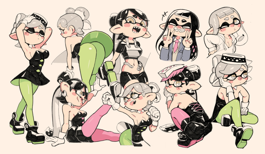 +_+ 2girls adjusting_clothes adjusting_headwear armpits ass bare_arms bare_shoulders black_dress black_hair black_jumpsuit black_shirt black_shorts blush bow-shaped_hair callie_(splatoon) closed_eyes coat cousins crop_top detached_collar double_v drawstring dress earrings flipped_hair food food_on_head gloves green_legwear green_pantyhose grey_coat grey_hair half_updo hood hood_down hoodie hoop_earrings inkling jewelry jumpsuit long_hair marie_(splatoon) midriff mole mole_under_eye multiple_girls navel necktie object_on_head one_eye_closed open_mouth pantyhose purple_legwear red_necktie sharp_teeth shirt short_dress short_jumpsuit shorts simple_background sitting splatoon_(series) standing strapless strapless_dress strapless_jumpsuit swept_bangs tan_background teeth tentacle_hair twintails v white_gloves white_hoodie yellow_eyes yuta_agc