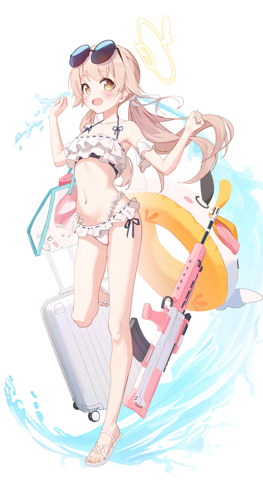 absurdres arm_garter armpits assault_rifle bag bare_legs bare_shoulders bikini blonde_hair blue_archive bullpup eyewear_on_head feet female frilled_bikini frills full_body gun halo halterneck hands_up hifumi_(blue_archive) hifumi_(swimsuit)_(blue_archive) highres innertube l85 leg_up legs long_hair looking_at_viewer low_twintails minn_(kangjm1107) navel official_alternate_costume open_mouth rifle rolling_suitcase round_eyewear sandals shoulder_bag side-tie_bikini_bottom solo standing standing_on_one_leg stomach string_bikini suitcase sunglasses swim_ring swimsuit thighs toenails toes twintails weapon white_bikini yellow_eyes