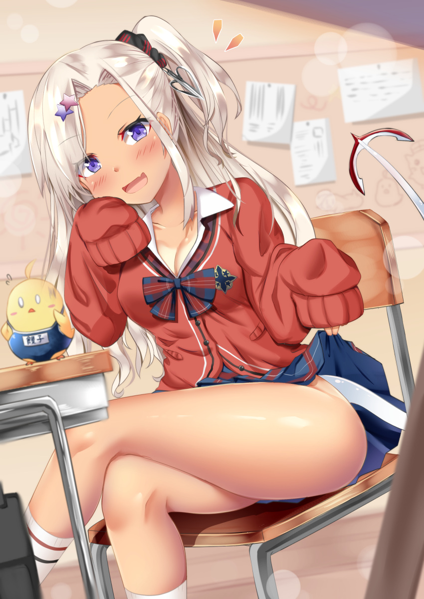 absurdres archerfish_(azur_lane) archerfish_(the_devil_next_door)_(azur_lane) azur_lane blush breasts bulletin_board cardigan chair classroom desk female hair_ornament highres indoors lifting_own_clothes long_hair long_sleeves looking_at_viewer manatu_kato manjuu_(azur_lane) no_panties oerba_yun_fang official_alternate_costume one_side_up open_mouth pleated_skirt purple_eyes red_cardigan school_uniform sitting skin_fang skirt sleeves_past_fingers sleeves_past_wrists smug star_(symbol) star_hair_ornament tail tan white_hair