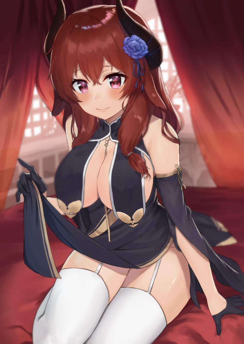 absurdres ayul_(ayulneri_92) azur_lane bad_id bad_twitter_id bare_shoulders black_dress black_gloves blue_flower blurry breast_curtains breasts china_dress chinese_clothes cleavage commission cosplay curtains depth_of_field detached_sleeves dress female flower garter_straps gloves goat-chan_(enarane) hair_flower hair_ornament half_gloves highres horns large_breasts long_hair looking_at_viewer original pelvic_curtain red_eyes red_hair sirius_(azur_lane) sirius_(azur_lane)_(cosplay) sirius_(azure_horizons)_(azur_lane) sitting smile solo thighhighs thighs white_thighhighs wide_sleeves