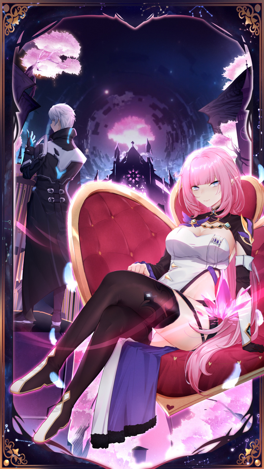 1boy 7t absurdres asymmetrical_sleeves back black_coat black_footwear black_gloves boots breasts cherry_blossoms cleavage coat couch crossed_legs elf elysia_(honkai_impact) elysia_(miss_pink_elf)_(honkai_impact) feathers female full_body gloves hair_between_eyes highres honkai_(series) honkai_impact_3rd kevin_kaslana long_hair long_sleeves looking_at_viewer looking_back mismatched_sleeves pink_hair pointy_ears short_hair single_glove sitting thigh_boots thighhighs tree white_hair