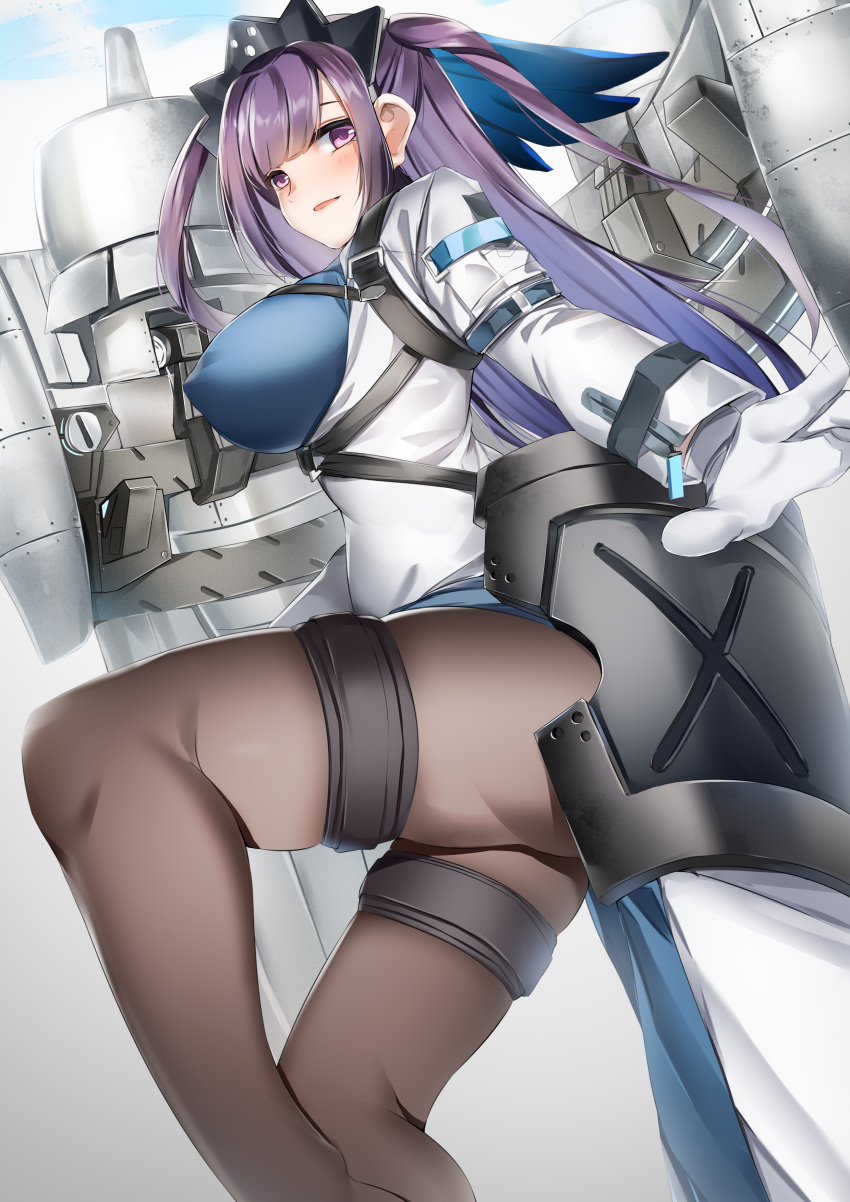 absurdres ash_arms ass b-24_liberator_(ash_arms) black_pantyhose blush bodysuit breasts crown female from_side gloves hair_between_eyes hair_ribbon highres large_breasts long_hair long_sleeves looking_at_viewer lubikaya open_mouth pantyhose parted_lips purple_eyes purple_hair ribbon sky smile solo strap thigh_strap thighs two_side_up white_gloves