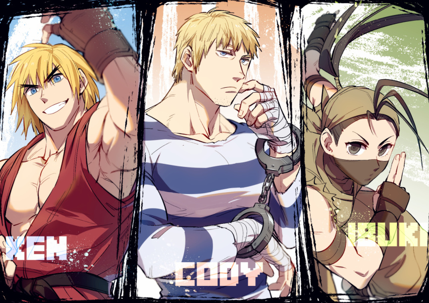 2boys armpits bandaged_hand bandages blonde_hair character_name cody_travers cuffs dougi female forked_eyebrows grin handcuffs ibuki_(street_fighter) ken_masters mask mouth_mask multiple_boys muscular muscular_male ninja ninja_mask pectoral_cleavage pectorals prison_clothes red_shirt shirt short_hair sideburns sidepec sleeveless sleeveless_shirt smile street_fighter thick_eyebrows upper_body yuiofire