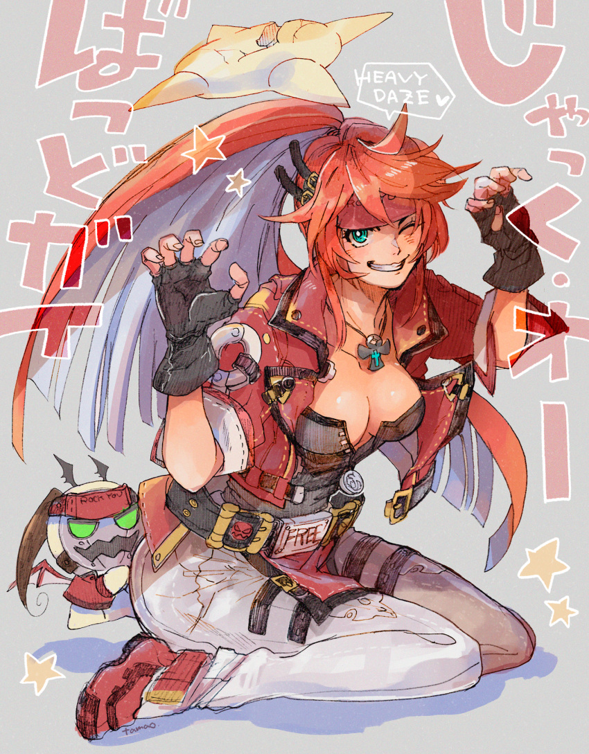 1_ssmk aqua_eyes bad_id bad_pixiv_id belt blush breasts cleavage collarbone cosplay cross cross_necklace english_text female guilty_gear guilty_gear_strive halo headband headgear heart highres jack-o'_valentine jacket jewelry knight_servant looking_at_viewer medium_breasts necklace one_eye_closed ponytail red_hair red_jacket smile sol_badguy sol_badguy_(cosplay) solo speech_bubble spiked_halo spoken_heart traditional_media