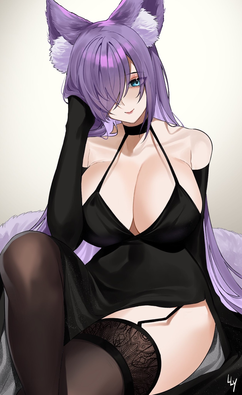 adjusting_hair animal_ears black_dress black_legwear blue_eyes borrowed_character breasts commission dress elbow_gloves eyebrows eyebrows_visible_through_hair eyes_visible_through_hair female fox_ears fox_girl garter_belt gloves hair_over_one_eye highres kurona_reole large_breasts lilycious lips looking_at_viewer original purple_hair signature sitting thighhighs white_background