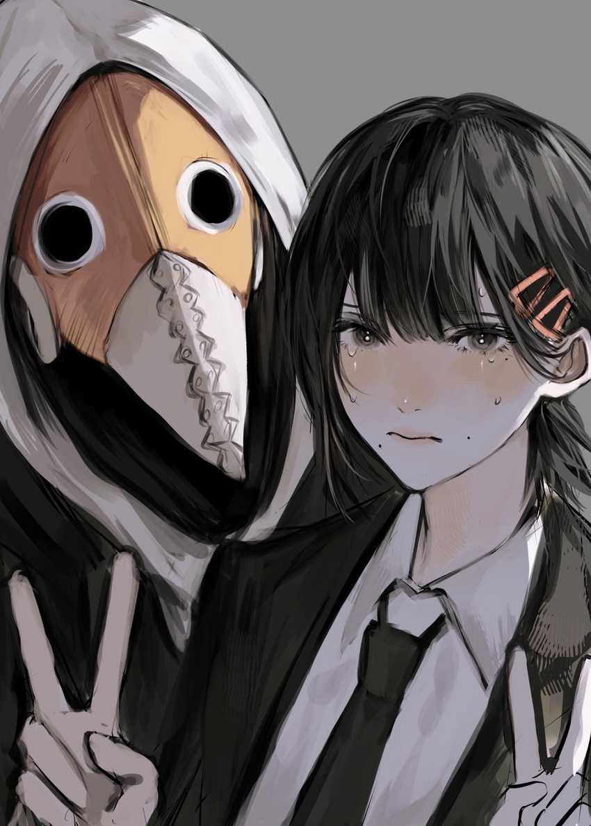 1boy black_eyes black_hair blush chainsaw_man collared_shirt female formal grey_background hair_ornament hairclip higashiyama_kobeni highres hood hood_up hoodie inuo_(inuo_x) long_sleeves looking_at_viewer mask mole mole_under_eye mole_under_mouth necktie nervous shirt short_hair short_ponytail simple_background suit sweat v violence_fiend_(chainsaw_man) white_shirt