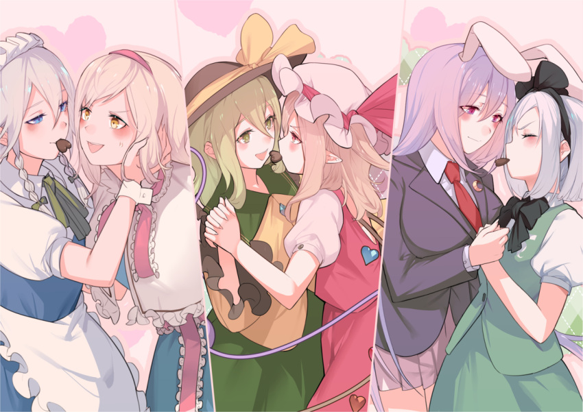 6+girls alice_margatroid animal_ears apron bad_id bad_twitter_id blazer blonde_hair blush bob_cut breasts candy chocolate closed_eyes commentary_request crescent crescent_pin eye_contact flandre_scarlet food frilled_apron frilled_sleeves frills green_hair hand_on_another's_face hat heart heart-shaped_chocolate holding_hands imminent_kiss izayoi_sakuya jacket komeiji_koishi konpaku_youmu large_breasts light_purple_hair looking_at_another mouth_hold multiple_girls necktie nervous pointy_ears puffy_short_sleeves puffy_sleeves rabbit_ears red_eyes red_necktie reisen_udongein_inaba shirt short_hair short_sleeves smile soku_(bluerule-graypray) standing suit_jacket sweatdrop touhou valentine waist_apron white_apron white_hair white_shirt wide_sleeves wrist_cuffs yellow_eyes yuri