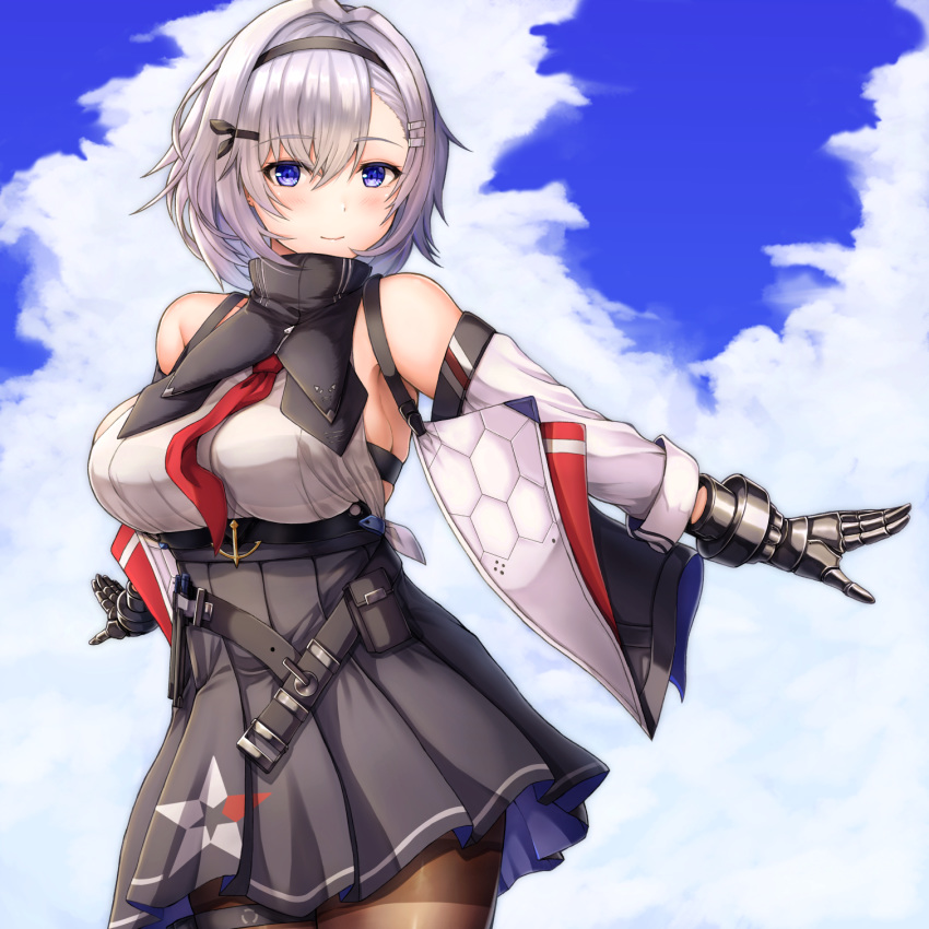 anchor azur_lane bare_shoulders black_hairband black_pantyhose black_skirt blue_sky blush breasts buran_(22x) cloud commentary day eagle_union_(emblem) female grey_hair hair_between_eyes hair_ornament hairband hairclip high-waist_skirt highres large_breasts looking_at_viewer metal_gloves pantyhose pleated_skirt purple_eyes purple_sash reno_(azur_lane) sash see-through shirt short_hair skirt sky sleeveless smile solo star_(symbol) star_print underboob