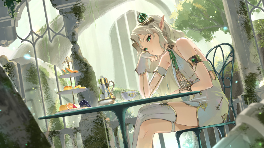 absurdres aepro_corp arm_cuffs asymmetrical_legwear bare_shoulders blonde_hair breasts cantaloupe chair crossed_legs cup dress elf ellise_aepro female food fruit gloves gold_collar gold_trim green_eyes green_ribbons green_theme hair_ornament head_on_hand highres long_hair looking_at_viewer melon melon_slice moss parted_bangs pastry pillar pointy_ears rasa_k ribbon ruins shirt sidelocks single_glove single_thighhigh sitting small_breasts table teacup teapot thigh_strap thighhighs virtual_youtuber wavy_hair white_dress white_gloves white_shirt