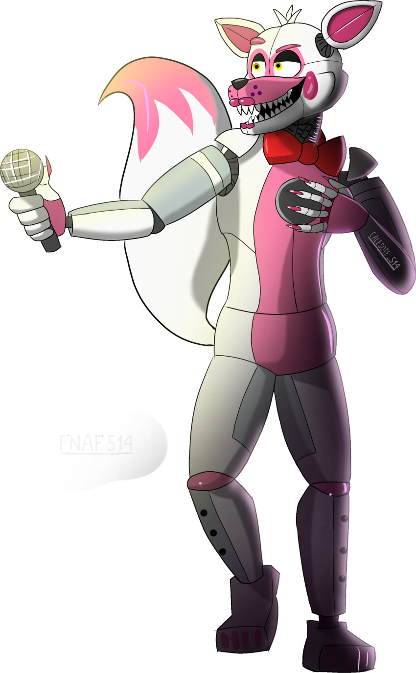 2020 absurd_res alpha_channel ambiguous_gender animatronic anthro barefoot black_nose bow_tie calesote514 canid canine electronics eyebrows feet five_nights_at_freddy's fox funtime_foxy_(fnafsl) half-closed_eyes hi_res lips lipstick machine makeup mammal microphone multicolored_tail nails narrowed_eyes open_mouth pink_background pink_eyebrows pink_lips pink_lipstick pink_tail robot scottgames sharp_nails sharp_teeth signature simple_background sister_location smile solo standing tail teeth transparent_background white_body white_tail yellow_eyes